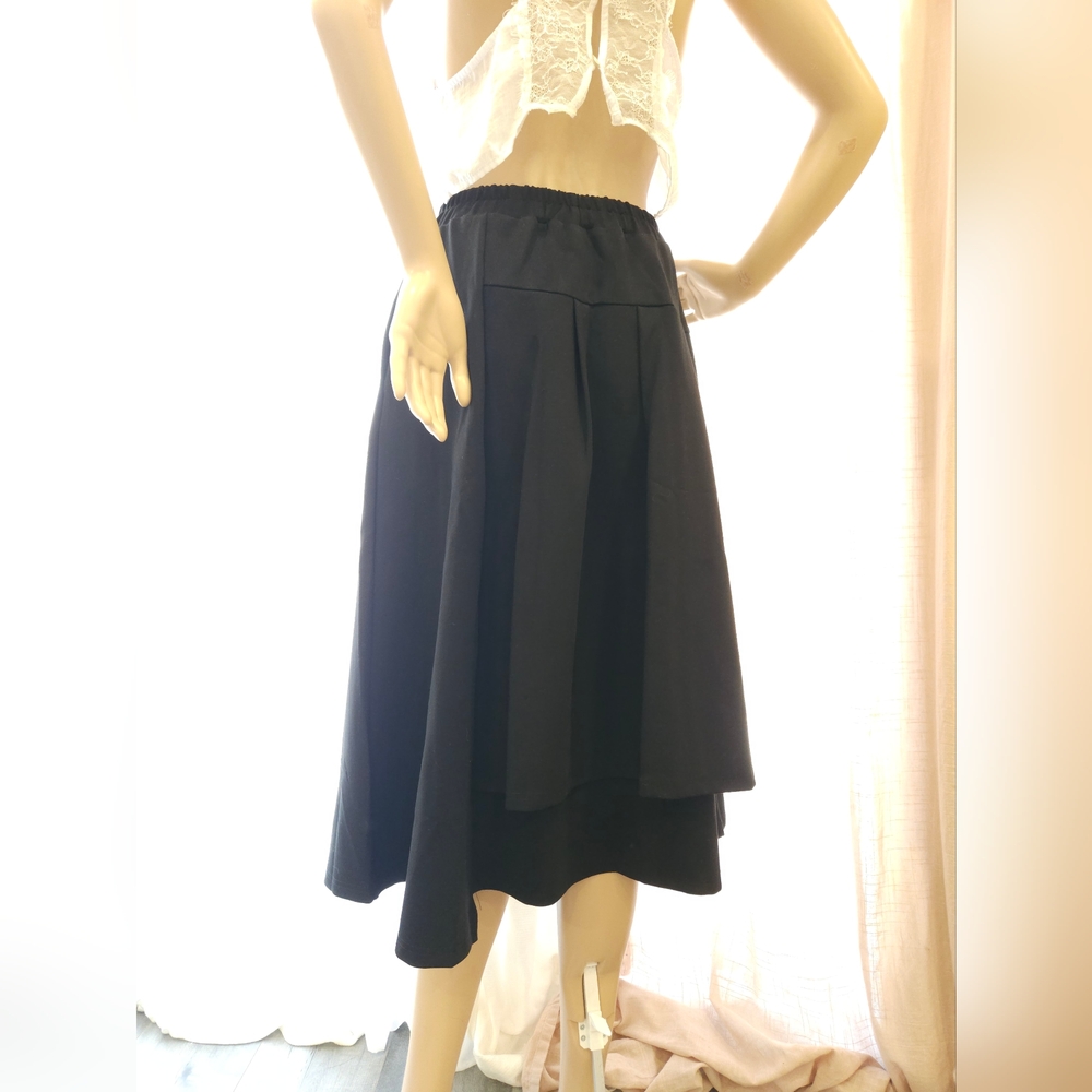 Elegant Black Elastic Waist Asymmetrical Double Layer Ruffled Hem Midi Skirt - Picture 4 of 16